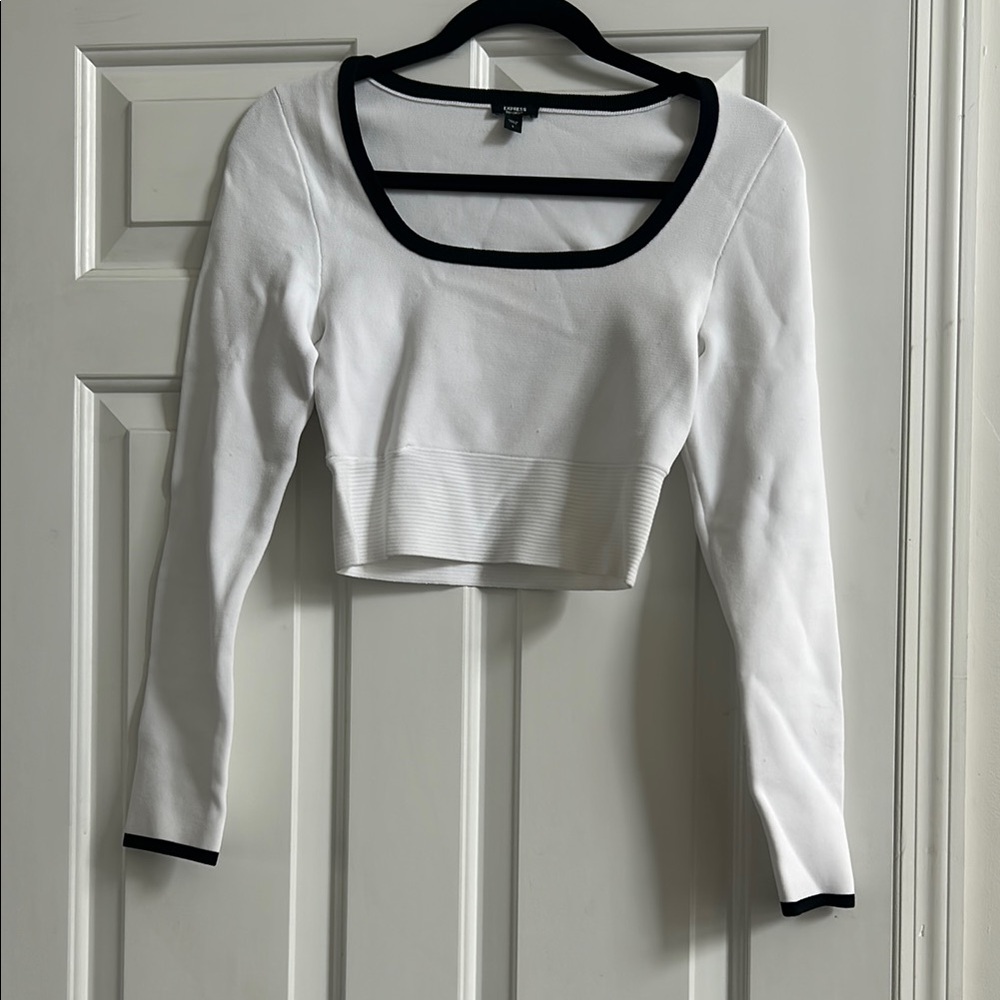 White Long Sleeve Crop Top with Black Trim
